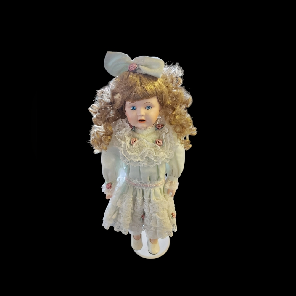 Vintage 18.5" Tall Victorian Style Doll Moveable Joints Curly Blonde Hair